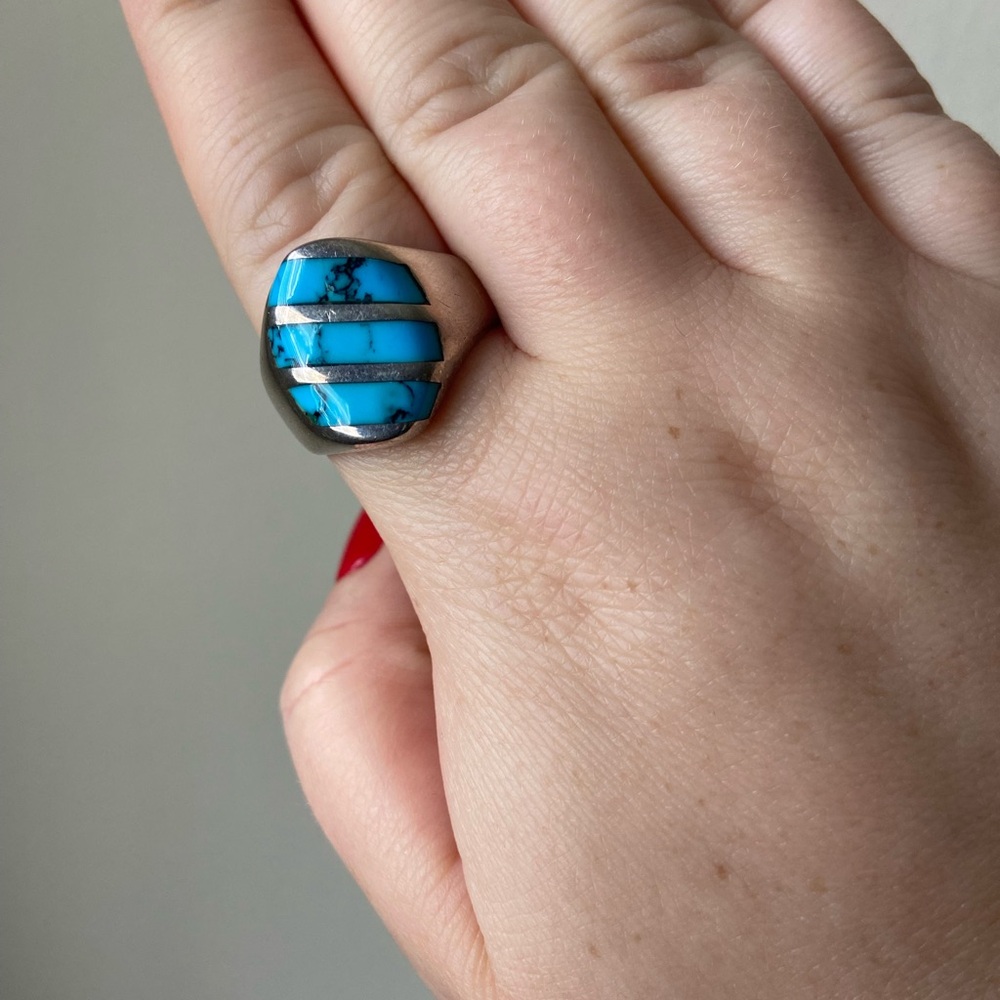 Sterling silver 925 turquoise Mexico inlay ring, size 11.5